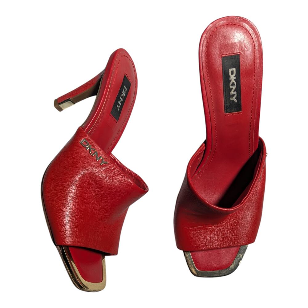 DKNY Bronx Red Leather Retro Y2K Open Toe High Heel Mule Sandals Sz 6.5